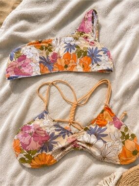 Cupshe XL Bikini Tops Bundle Floral Swim Tops One Shoulder & Bralette Braid Back
